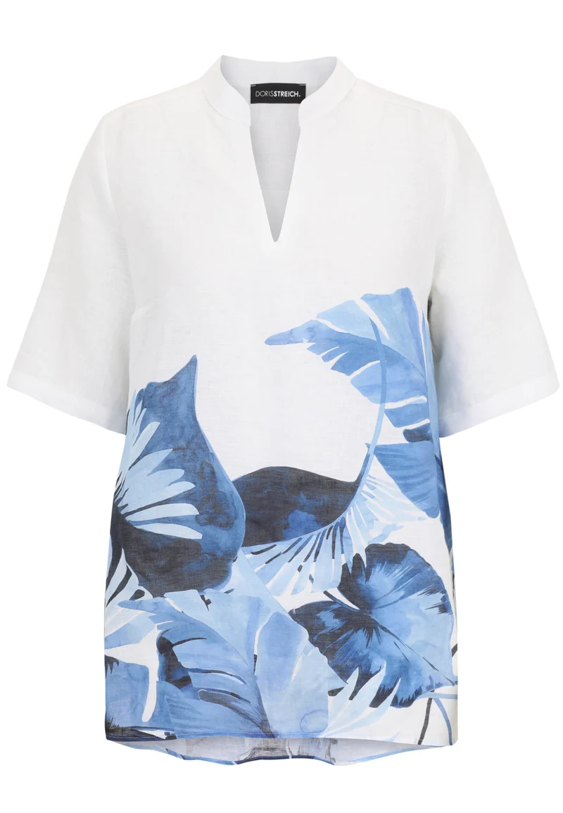 Leinen-Bluse mit Palmwedel-Bordürenprint