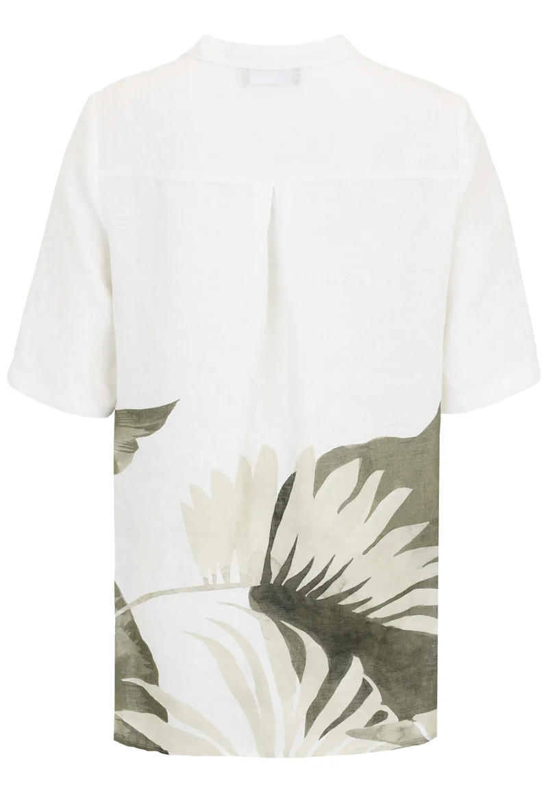 Leinen-Bluse mit Palmwedel-Bordürenprint