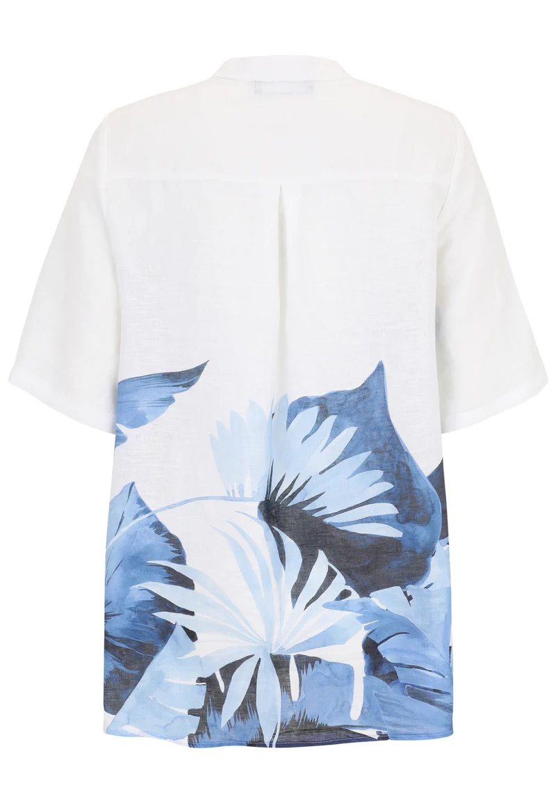 Leinen-Bluse mit Palmwedel-Bordürenprint
