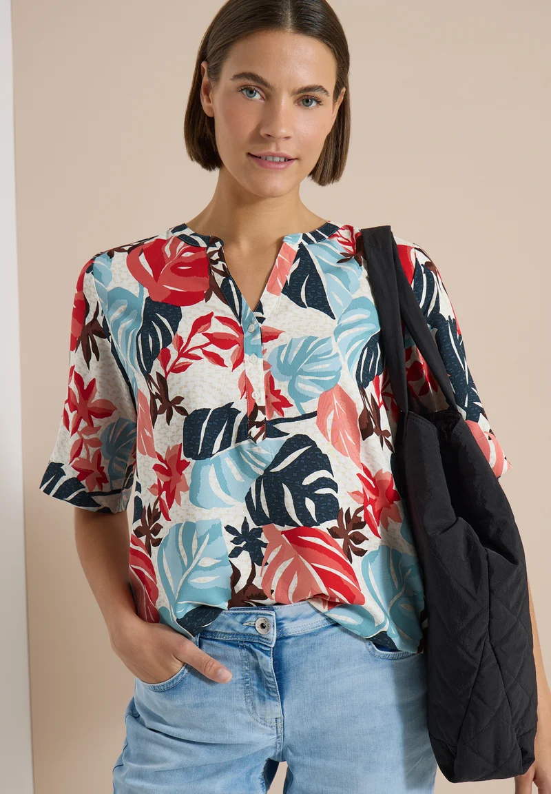 Kurzarm Bluse mit Split Neck